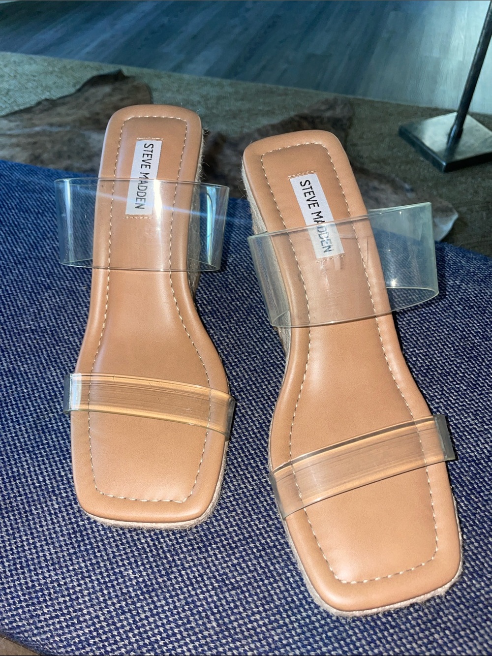 Steve Madden Clear Double-Strap Tan Slide Sandals